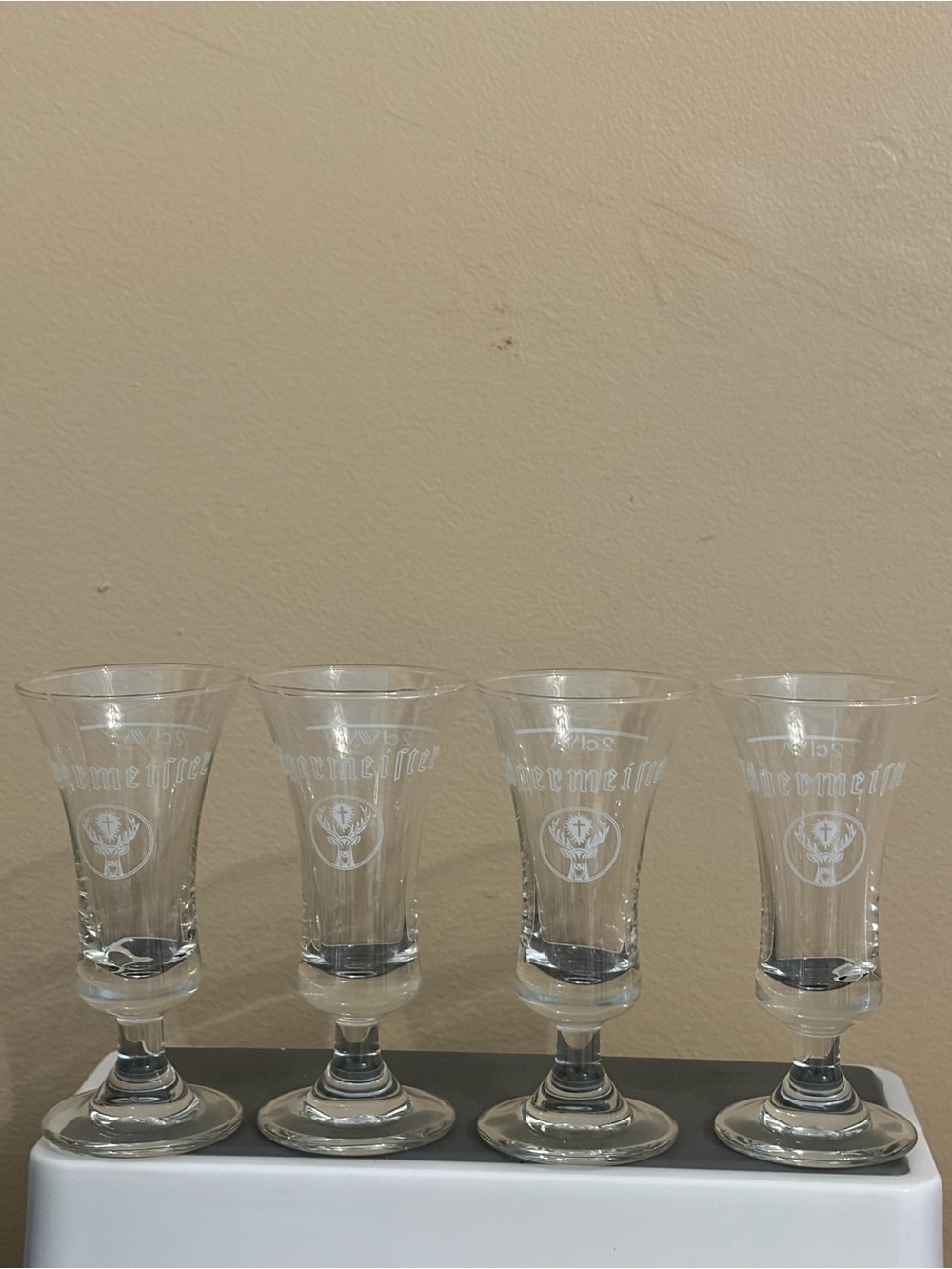 Vintage Jägermeister Etched Stemmed Liqueur Glasses Set of 4